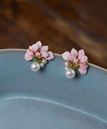 Chinese Styl Pink Sterling Silver Overgild Pearl Floral Stud Earrings