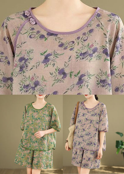 Light Purple Print Shirt And Shorts Two Pieces Set Summer