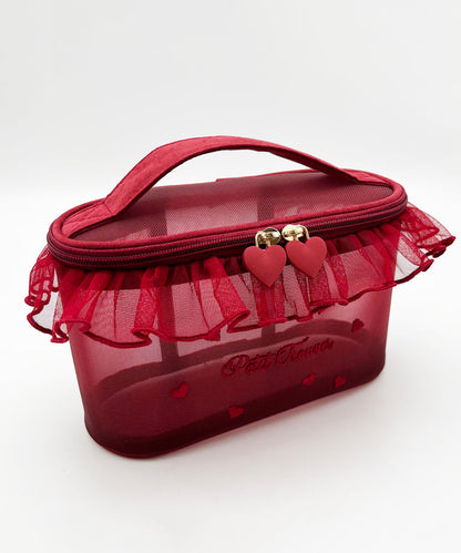 Stylish Red Ruffled Embroideried Tulle Tote Handbag
