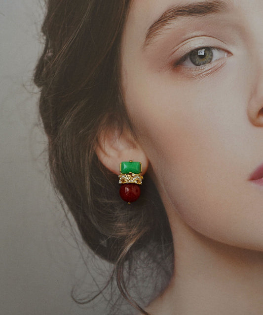 Vintage Colorblock Sterling Silver Overgild Zircon Jade Agate Stud Earrings