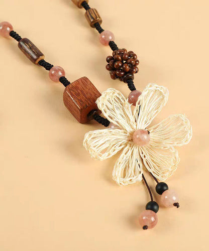 Handmade Black Braided Rope Floral Coloured Glaze Wood Gratuated Bead Necklace