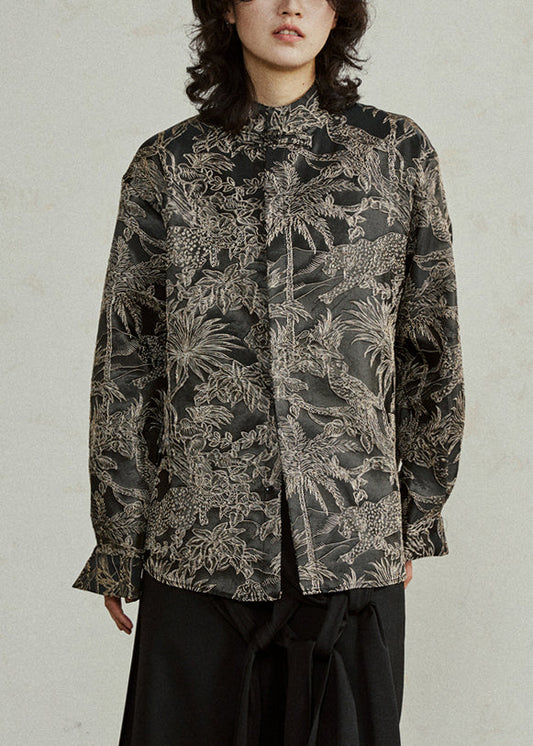 Black Stand Collar Jacquard Top Fall