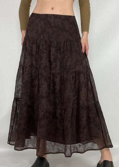 Vintage Brown Print High Waist Tulle Skirts Summer