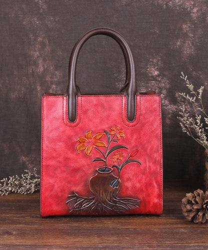 Stylish Red Floral Paitings Calf Leather Tote Handbag