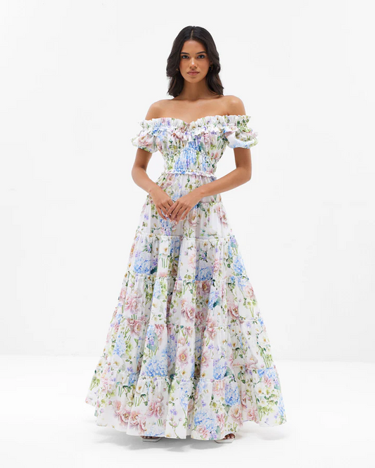 Hydrangea Floral Print Off Shoulder Smocked Waist Tiered Ruffle Maxi Dress