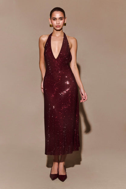 Sexy Halter Deep V-neck Backless Rhinestone Dress