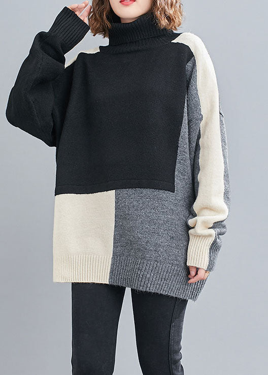 Stylish Black Turtle Neck Patchwork Knit Knit Pullover