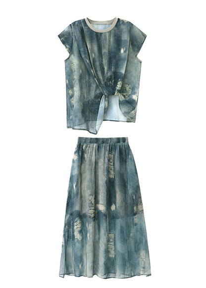 Chic Blue O Neck Ripped Denim Print Two Pieces Set Summer