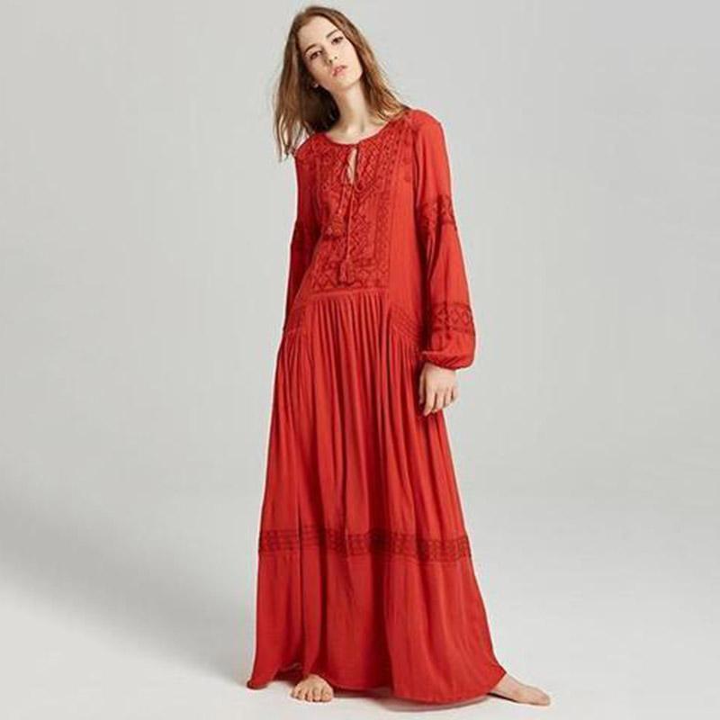 Bohemia Tassels Embroidery Long Sleeves Maxi Dress