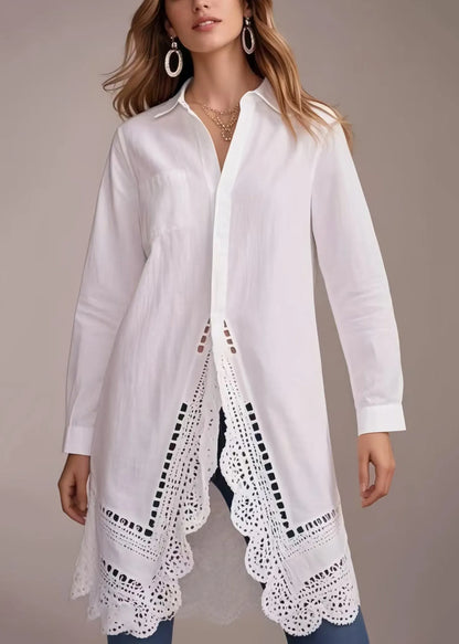 Plus Size White Oversized Hollow Out Cotton Long Shirts Spring