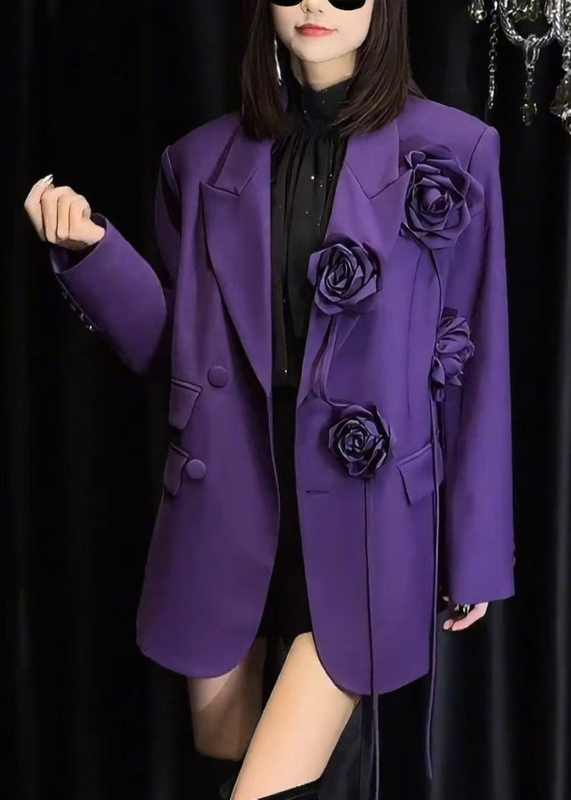 Floral Purple Peter Pan Collar Button Spandex Coats Spring