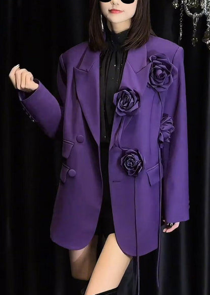 Floral Purple Peter Pan Collar Button Spandex Coats Spring