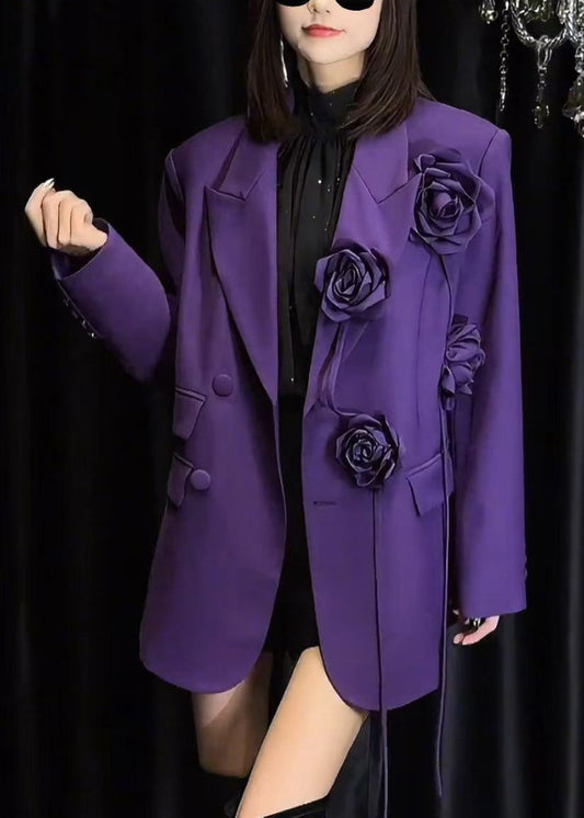 Floral Purple Peter Pan Collar Button Spandex Coats Spring