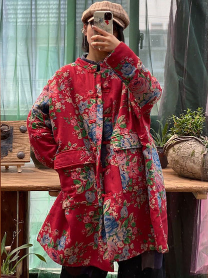 Oversize Women Pockets Print Cotton Coat