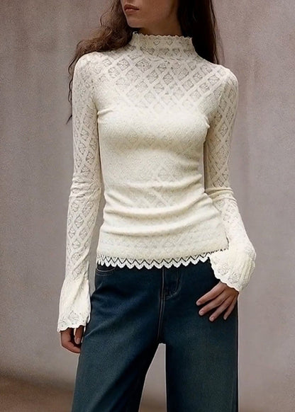 French White Turtleneck Solid Lace T Shirts Flare Sleeve