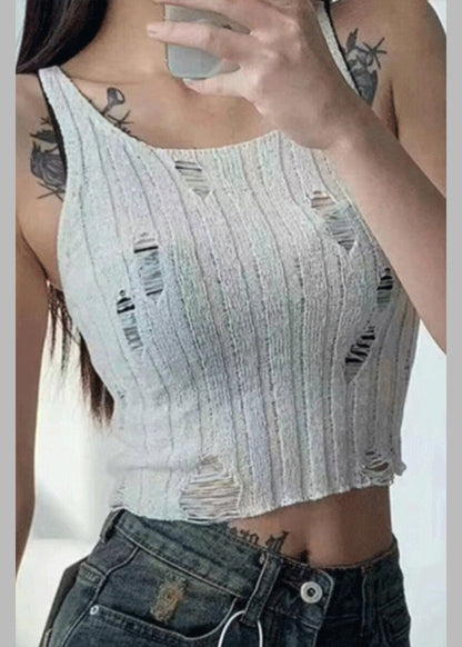 Chic Black U Neck Hole Hollow Out Knit Tanks Sleeveless