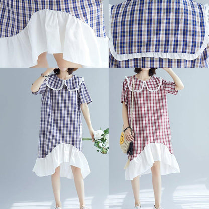 Chic patchwork linen clothes For Women Sleeve red plaid Dress summer