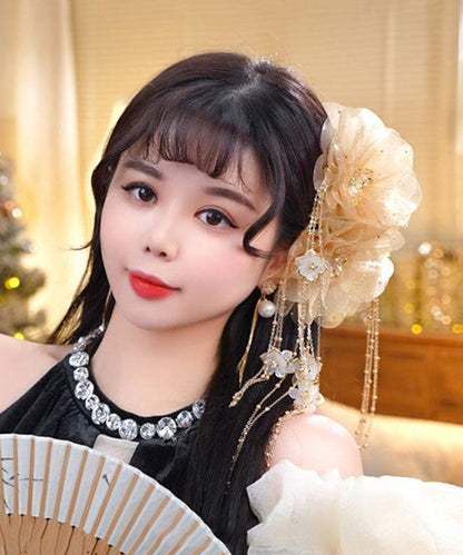 New Champagne Tulle Zircon Butterfly Floral Tassel Hairpin