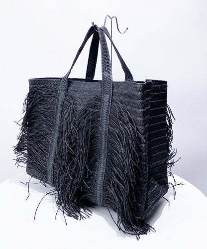 Elegant Black Tasseled Weave Faux Leather Shoulder Bags