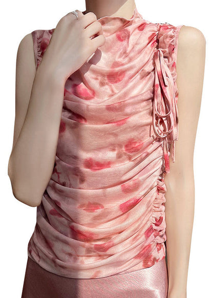 Beautiful Pink Print Wrinkled Lace Up Tulle Tops Sleeveless