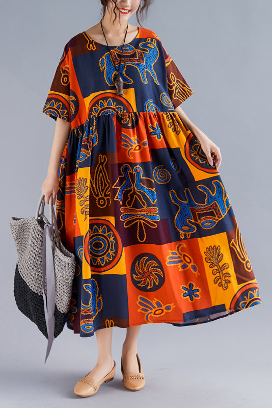 Women floral linen Robes Pakistani Wardrobes o neck Cinched Art Summer Dresses