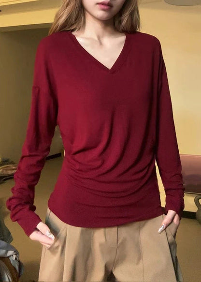 Simple Orange V Neck Solid Cotton T Shirt Fall