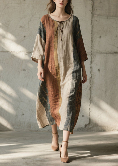 Plus Size Colorblock O Neck Cotton Long Dress Summer