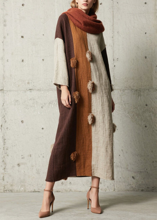 Classy Colorblock Oversized Patchwork Fuzzy Ball Decorated Dress Fall