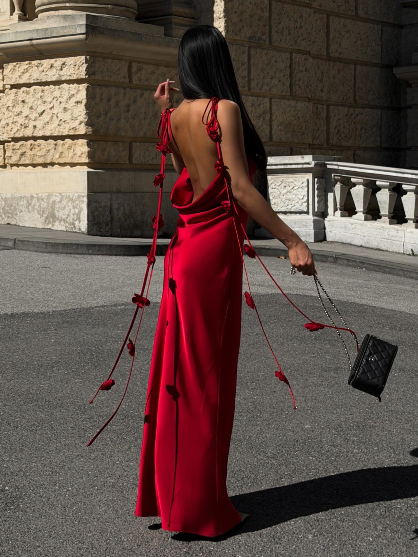 Satin Cowl-Back Open-Back Dress with 3D Flower Straps