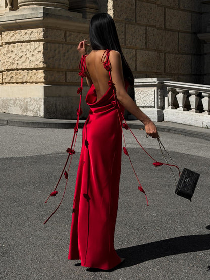Satin Cowl-Back Open-Back Dress with 3D Flower Straps