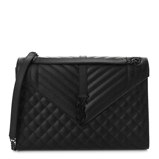 Grain De Poudre Textured Mixed Matelasse Large Triquilt Monogram Monochrome Satchel Black