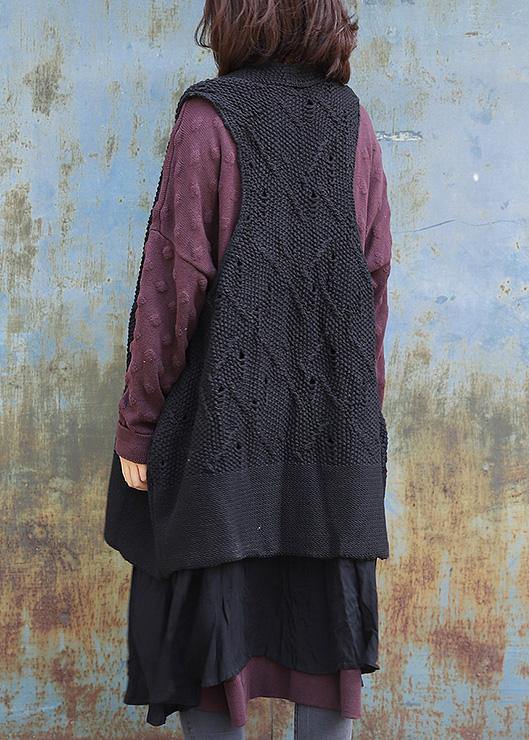 Vintage sleeveless knit outwear oversize black hollow out knit cardigans