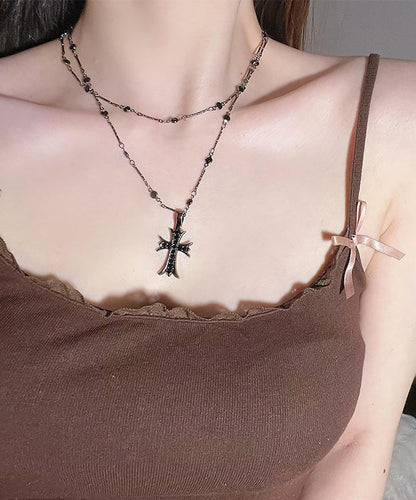 Unique Black Stainless Steel Double-Layer Cross Pendant Necklace