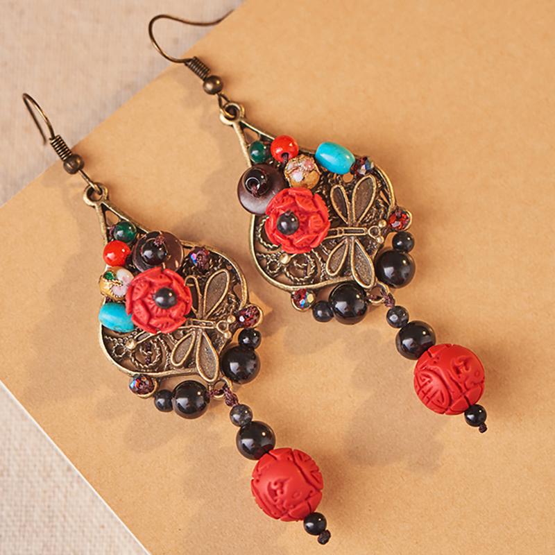 Red Flower Alloy Dragonfly Retro Earrings