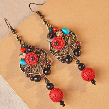 Red Flower Alloy Dragonfly Retro Earrings