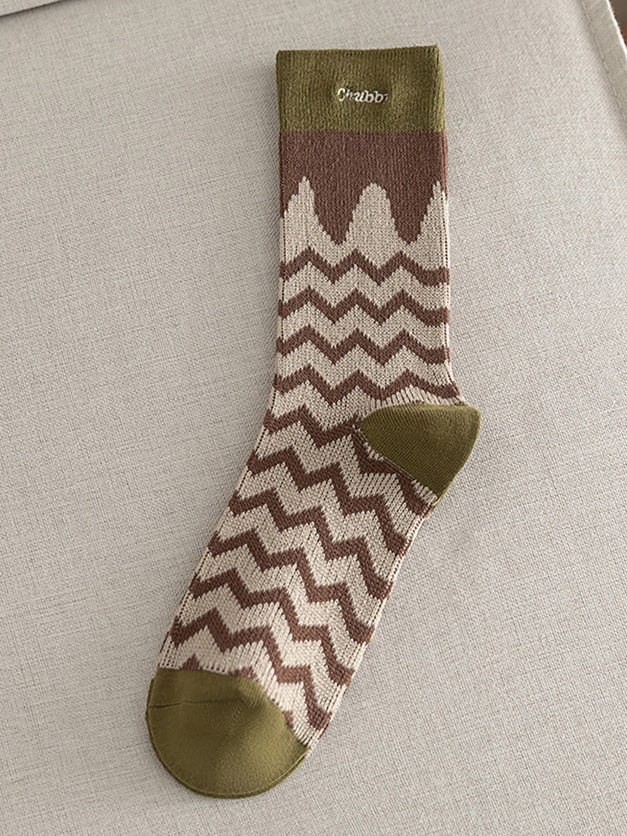 5 Pairs Women Vintage Mid Tube Striped Cotton Socks