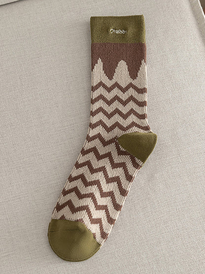 5 Pairs Women Vintage Mid Tube Striped Cotton Socks