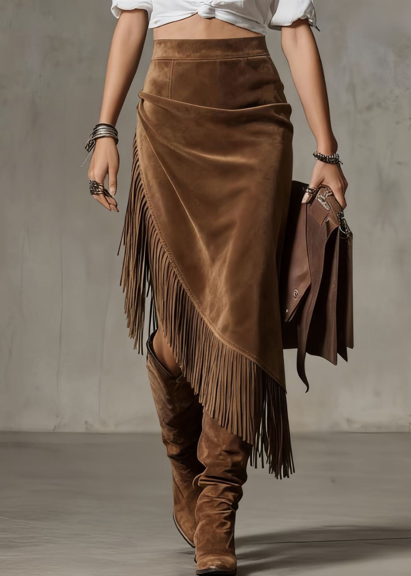 Boho Chocolate Asymmetrical Tasseled High Waist Faux Suede Skirt Spring