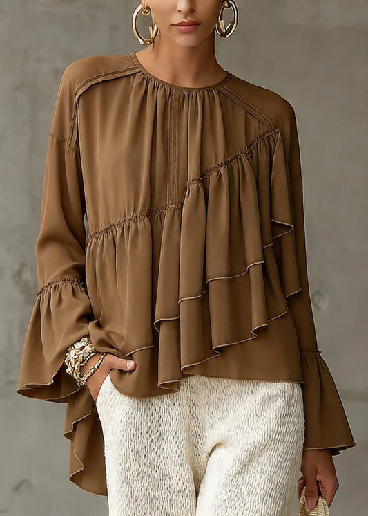 New Brown Asymmetrical Ruffled Patchwork Chiffon Shirt Top Spring