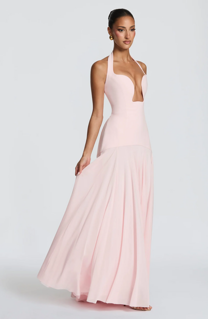 Halter Cutout Lace-Up Waist Chiffon Panel Maxi Gown