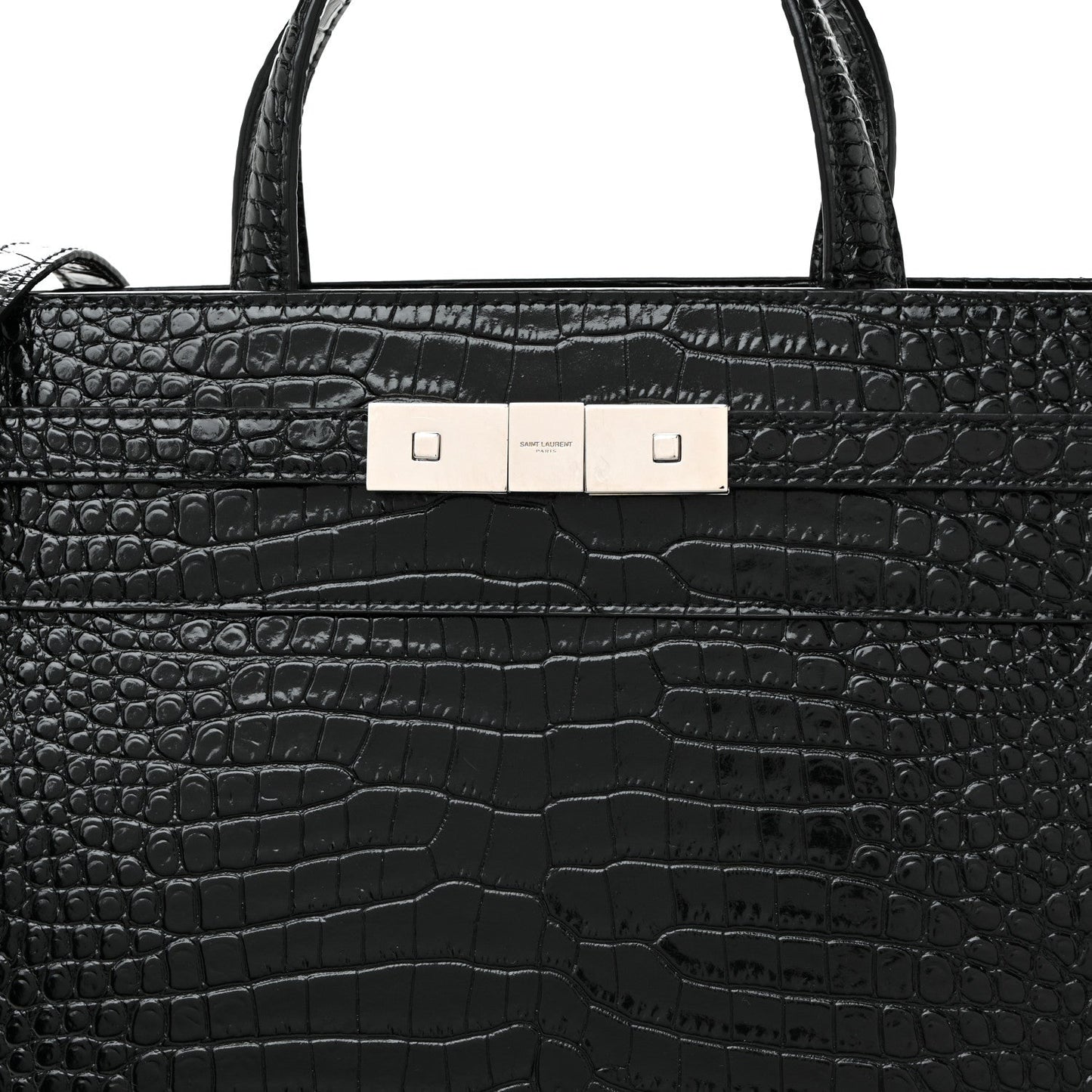 Shiny Calfskin Crocodile Embossed Small Manhattan Shopper Tote Black