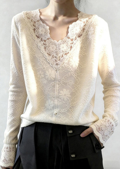 Women White V Neck Patchwork Jacquard Lace Shirt Tops Spring