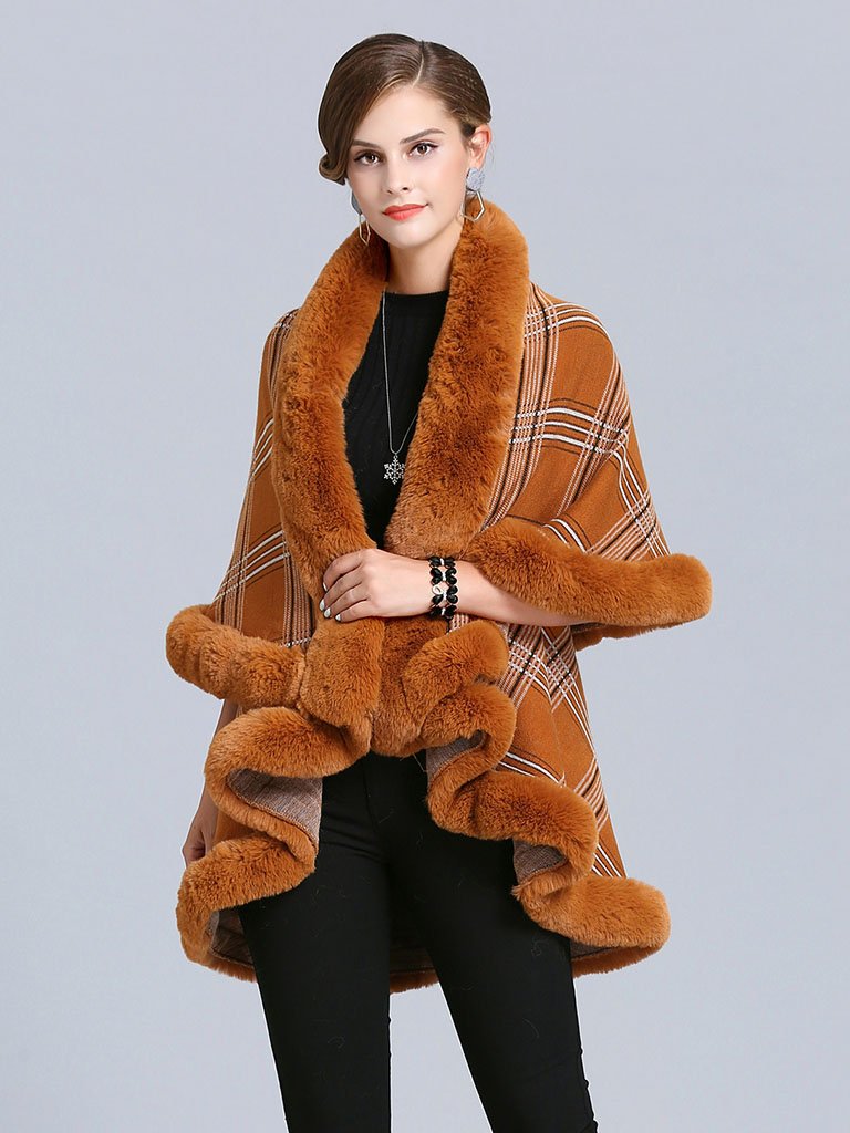 Women Poncho Wrap Faux Fur Collar Double Layer