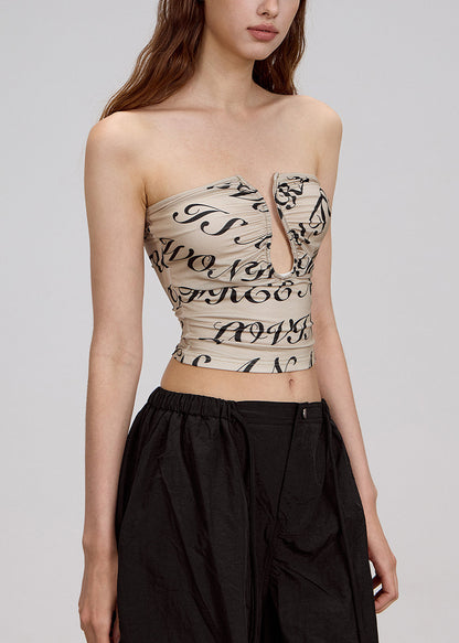 Fashion Khaki Print Hollow Out Cotton Strapless Top Summer