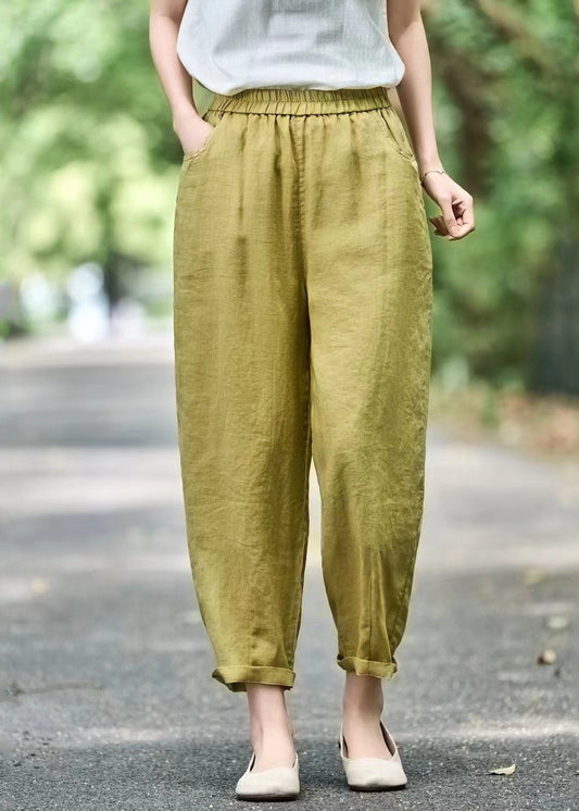 Modern Grass Green Elastic Waist Oversized Linen Harem Pants Summer