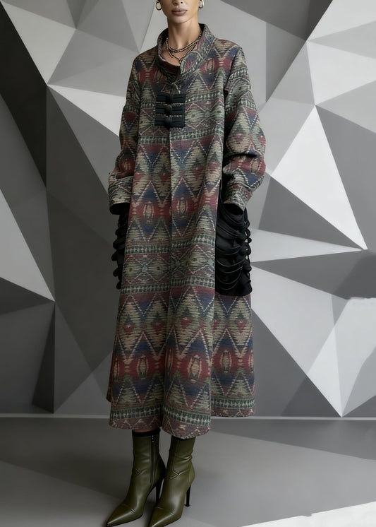 Vintage Print Pockets Patchwork Woolen Long Coat Spring