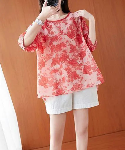 Women o neck lantern sleeve summer Tops red print shirts