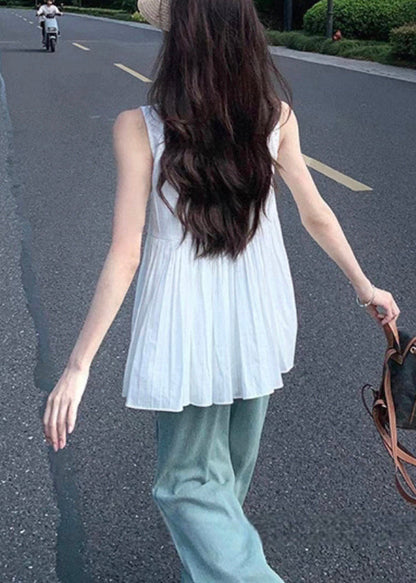 Women White Square Collar Wrinkled Cotton Shirt Sleeveless