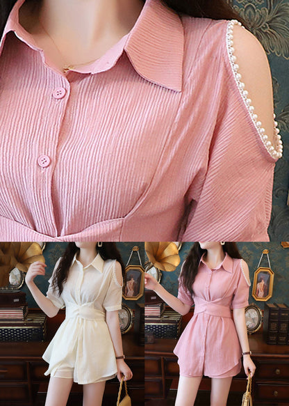 Pink Hollow Out Cotton Summer Two Pieces Set Peter Pan Collar