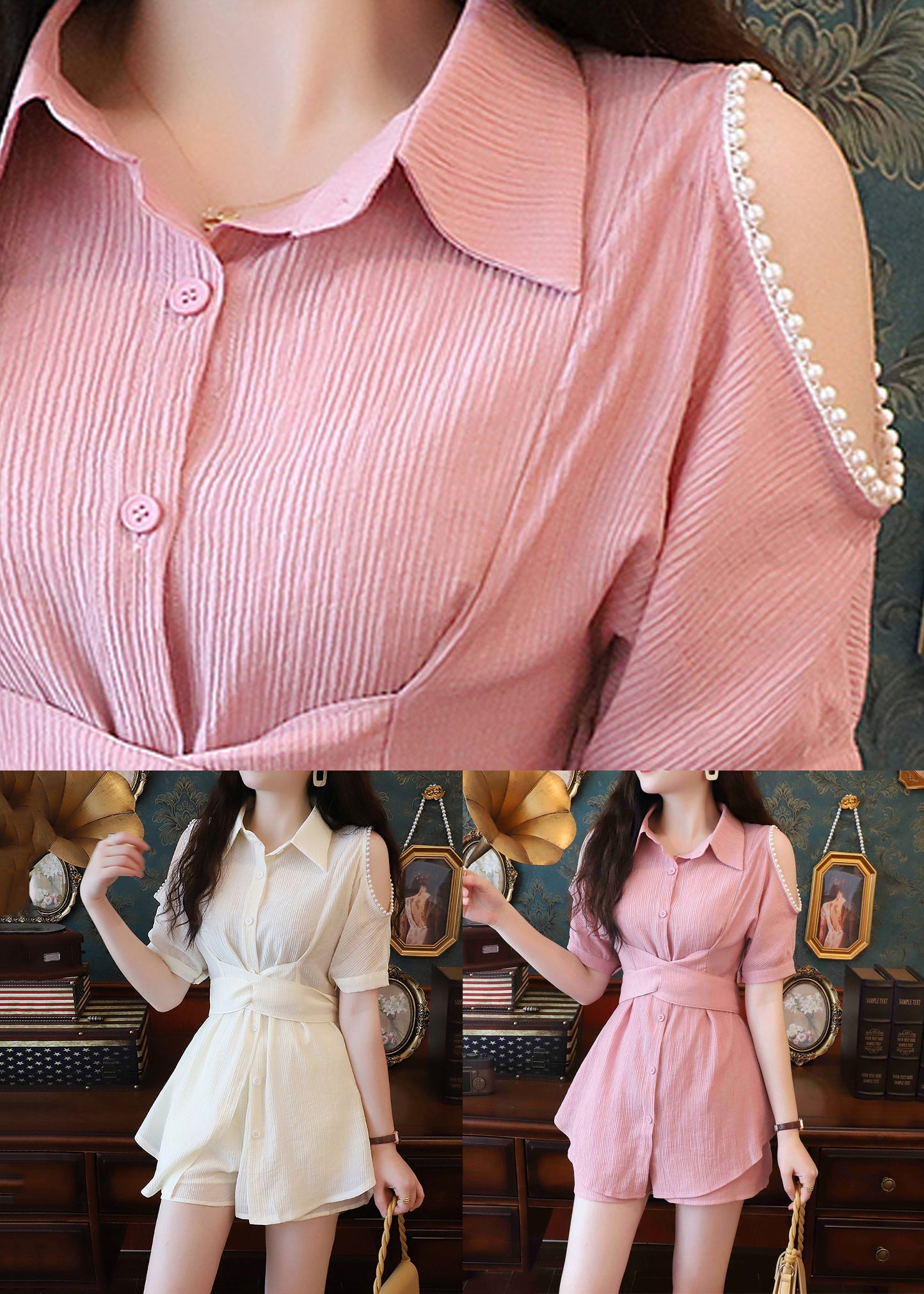 Elegant Beige Pearl Shirts And Shorts Cotton Two-Piece Set Summer